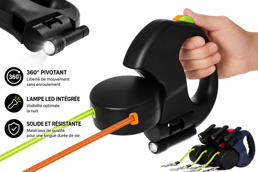 Laisse double rétractable 360° avec lampe LED