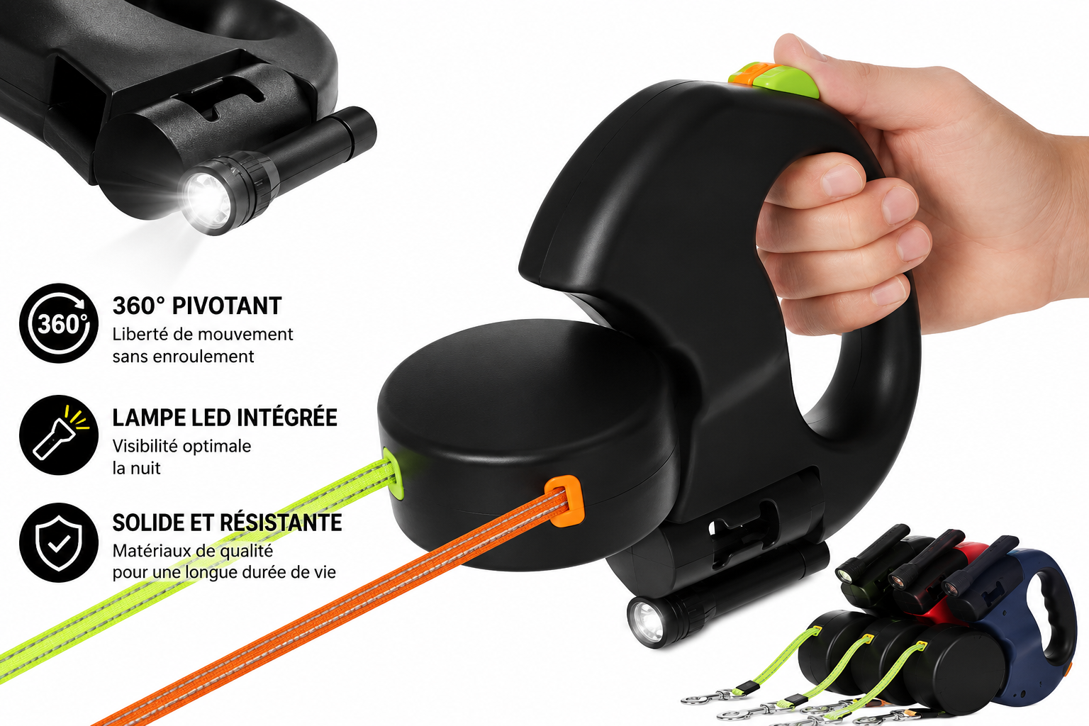 Laisse double rétractable 360° avec lampe LED